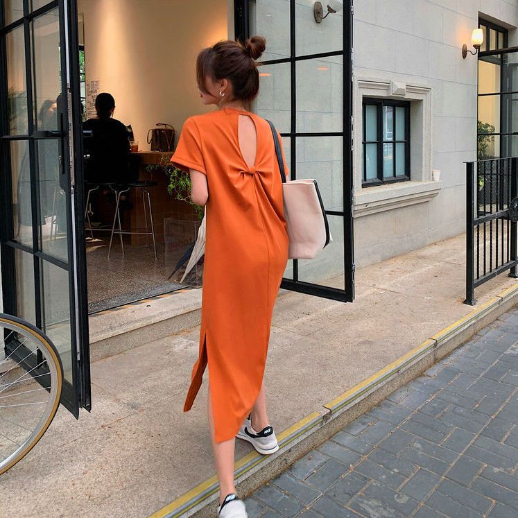 Fat MM extra large size 300 catties pregnant women long skirt 2023 summer loose hidden meat showing thin open back short-sleeved T-shirt dress