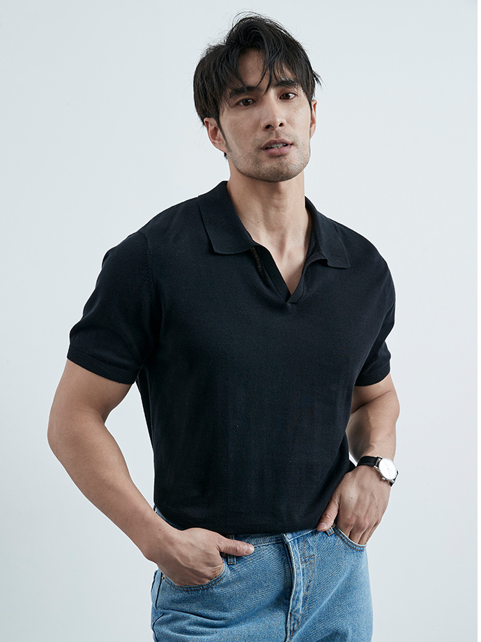 Summer casual high-end trendy Italian v-neck T-shirt dark blue design POLO versatile apricot short-sleeved men's slim fit