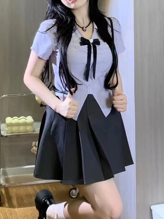 大碼女裝2323夏季新款蝴蝶結短袖襯衫上衣女學院風胖mm百褶裙套裝
