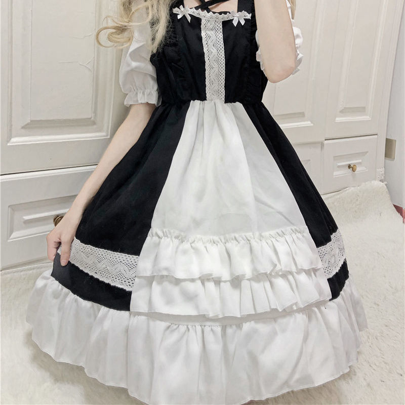 Japanese soft girl lolita bow girl daily loli splicing dress