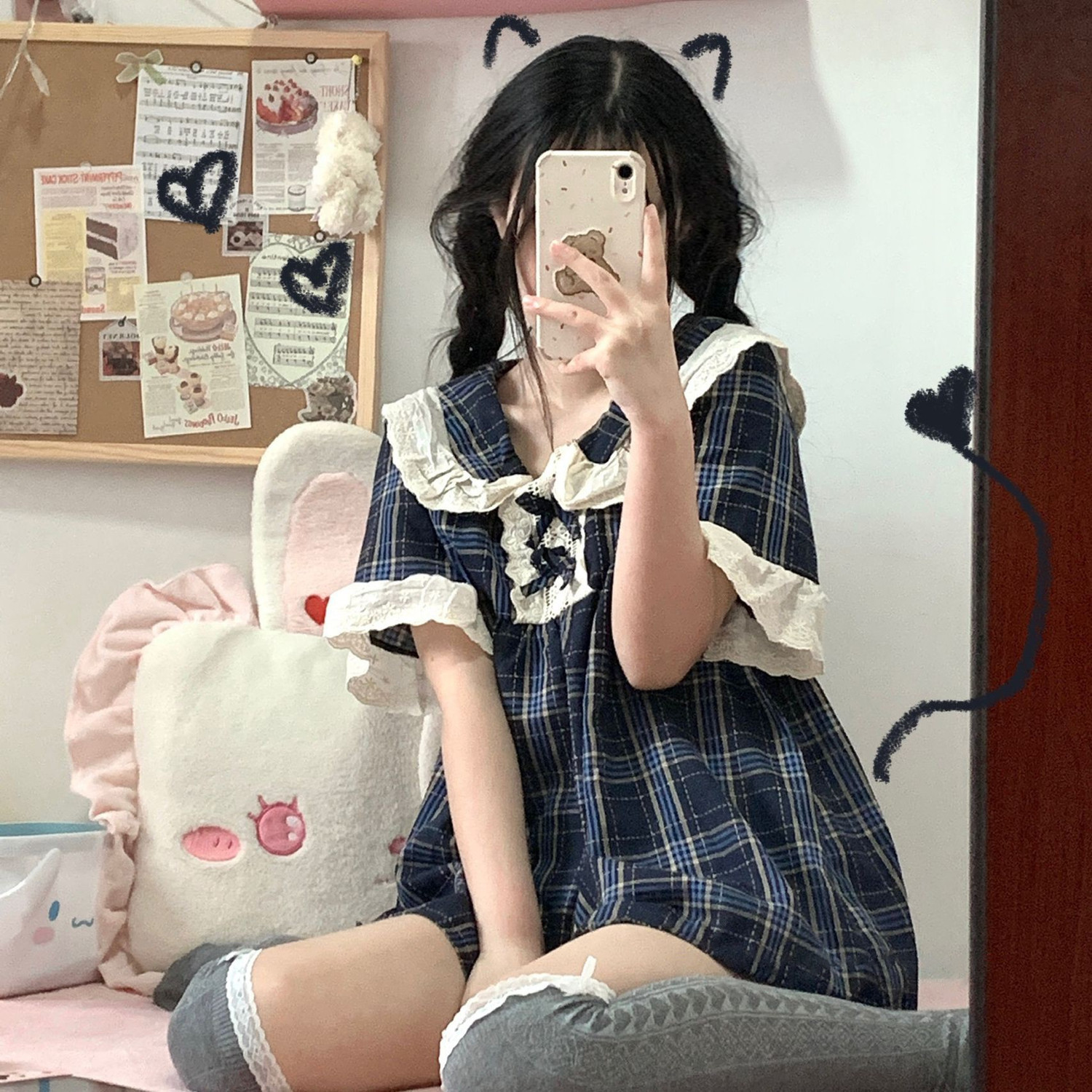 韓版ins格子甜美可外穿睡衣女夏娃娃領蝴蝶結蕾絲花邊家居服套裝