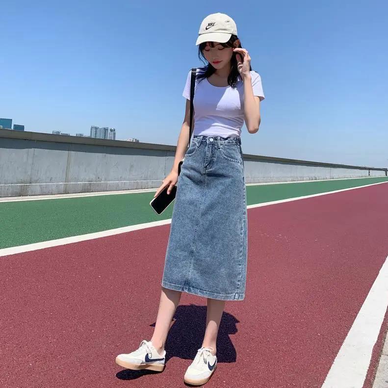 後開叉牛仔半身裙女春夏新款高腰中款A字顯瘦直筒中長款包臀裙子