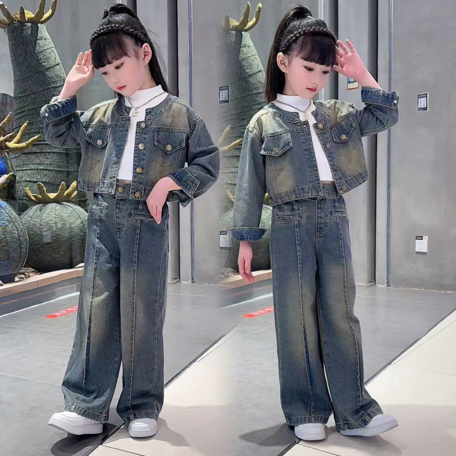 女童春秋復古港風牛仔套裝2023新款中大童網紅洋氣兒童秋裝兩件套