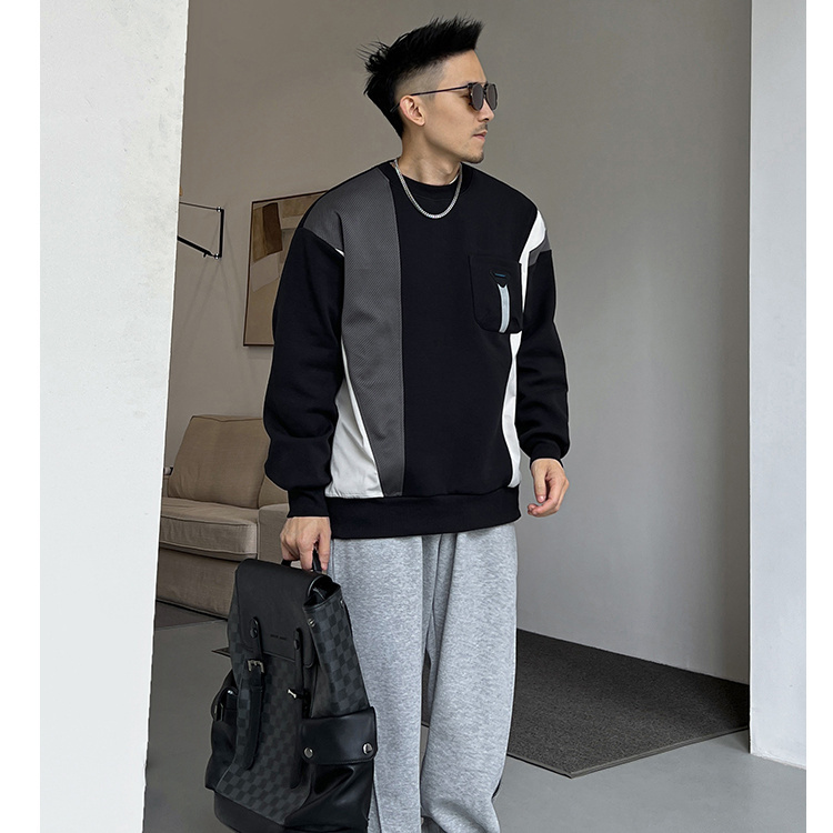 Autumn and winter trend stitching round neck personality sweater men's high street ruffian handsome casual all-match long-sleeved loose handsome jacket