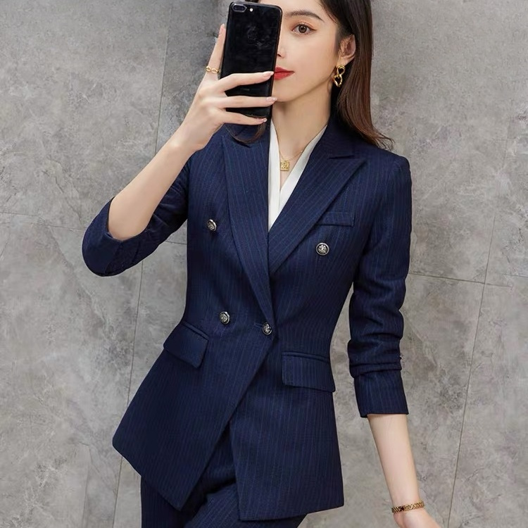 條紋西裝套裝女秋冬新款職業裝大學生面試正裝氣質酒店西服工作服