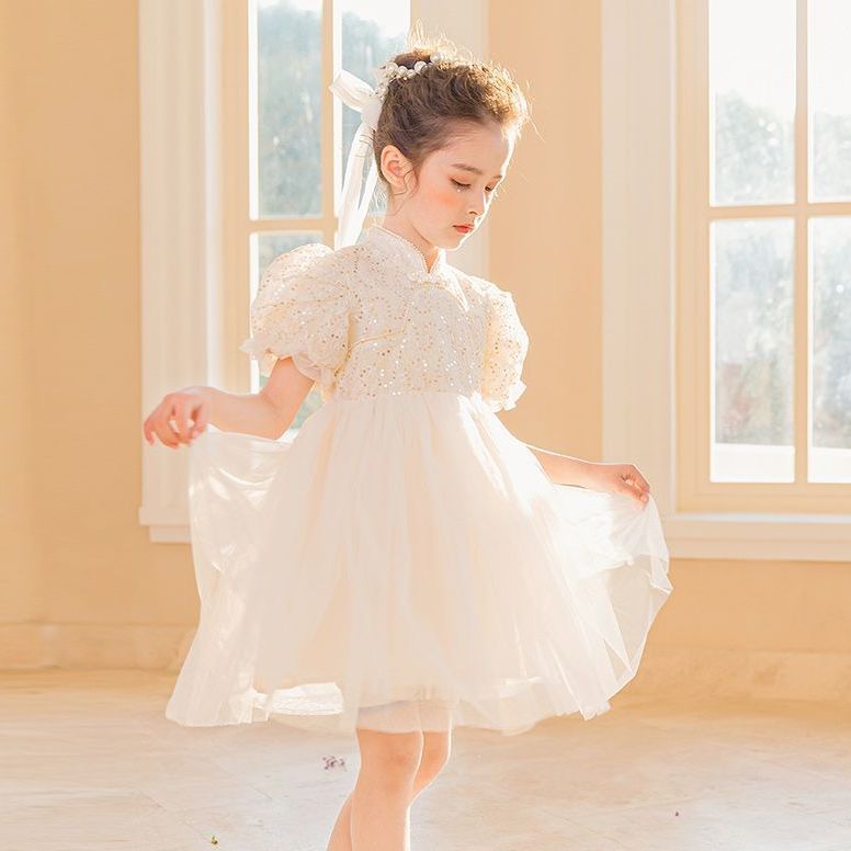女童白色连衣裙夏季2023年儿童短袖蕾丝纱裙子夏装公主裙礼服洋气