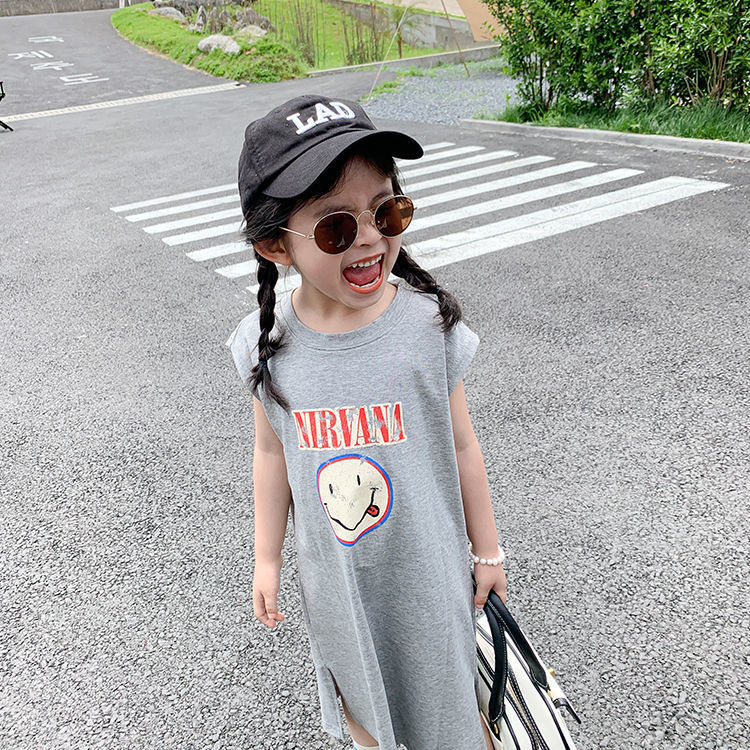 Girls Korean version of the dress  summer new medium and large children's cartoon vest long T-shirt skirt baby cotton