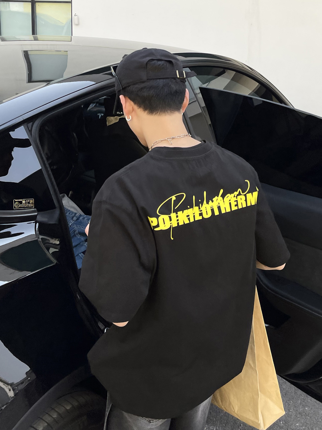 夏季寬鬆法式復古小眾字母後背印花t恤衫高街休閒潮流純棉短袖男
