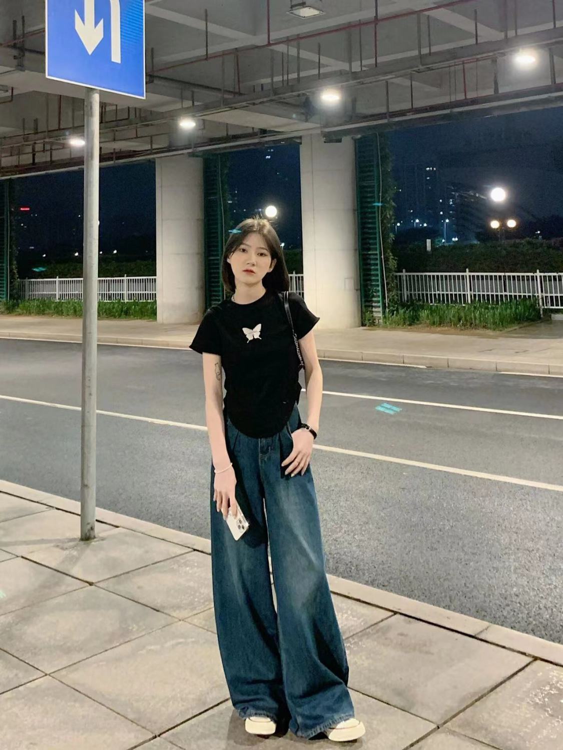 港風復古牛仔褲女秋季高腰設計感小眾長褲深藍色寬鬆直筒闊腿褲子