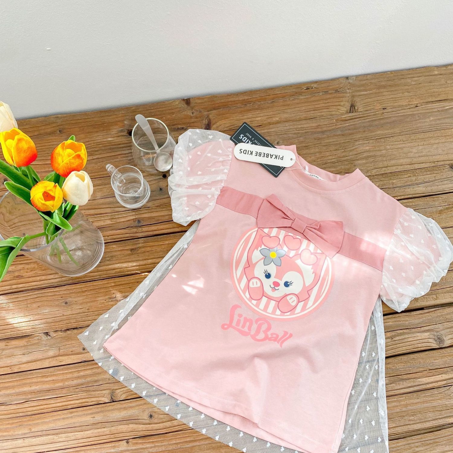 Girls short-sleeved summer new baby girl casual fashion bow cartoon sweet foreign style mesh dress trendy