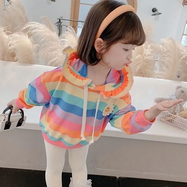 Girls rainbow sweater girl baby autumn and winter clothes 2022 new small and medium children's foreign style hooded Korean version of the clothes trend