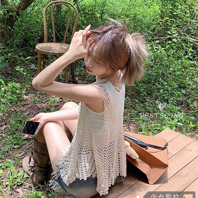 鏤空針織背心罩衫吊帶女外搭夏季寬鬆設計感小眾外穿無袖坎肩上衣