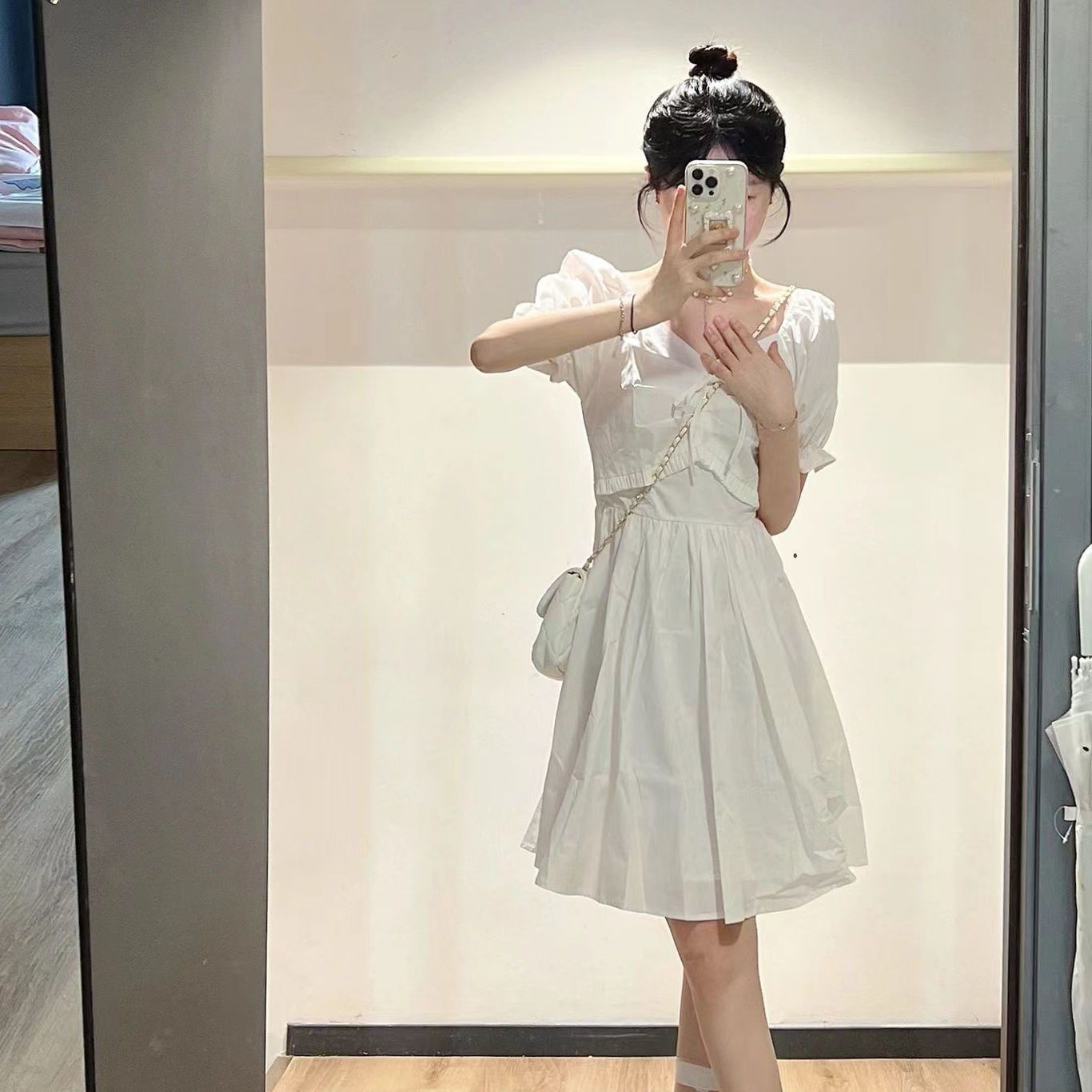 French design puff sleeves square collar white dress female student summer Korean version waist slimming a-line skirt