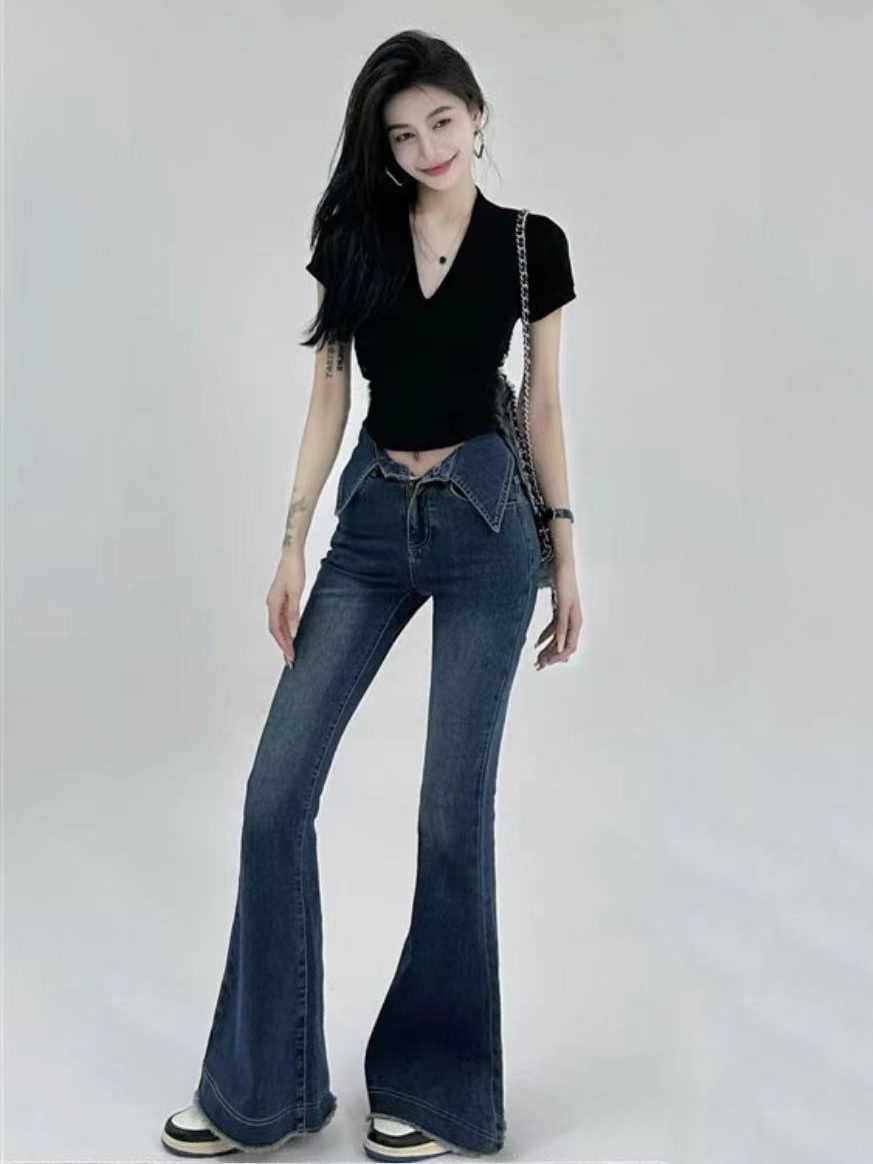 高街辣妹毛邊緊身牛仔褲女秋冬設計感美式顯瘦馬蹄褲微喇叭褲褲子