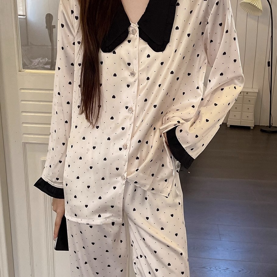 2023新款冰絲綢睡衣女春秋季長袖夏季薄款高級感愛心家居服可外穿