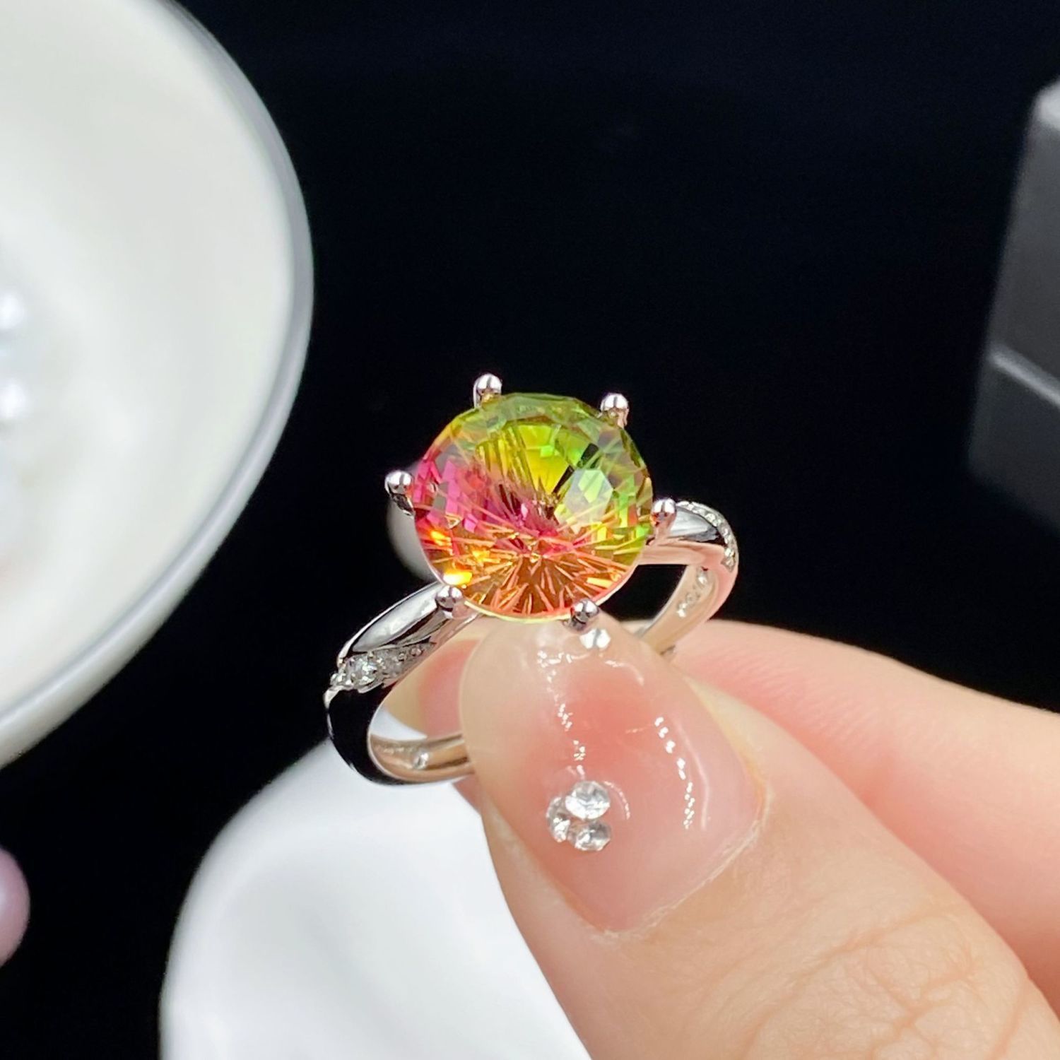 Bague tendance en argent S925, ornée d'une tourmaline colorée en forme de pastèque, inspirée des célébrités d'Internet. Cadeau idéal pour femme._voghion.com