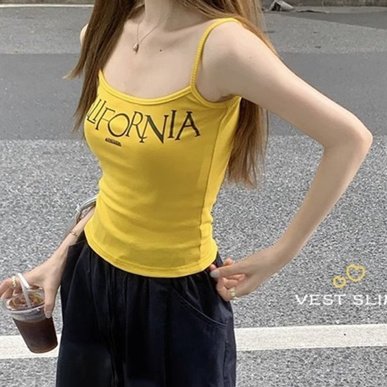 甜辣美式黃色吊帶女夏季新款復古辣妹內搭小背心外穿短款小眾上衣