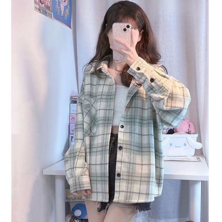 春夏格子襯衫女學生內搭外穿小眾設計上衣寬鬆慵懶港風垂墜感外套