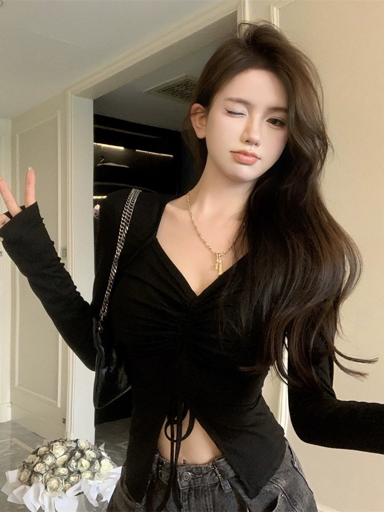 辣妹v領抽繩開叉設計感小眾長袖T恤女秋季純欲修身收腰顯瘦上衣