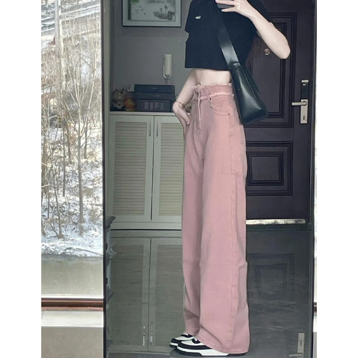 毛邊直筒牛仔褲女小眾髒粉色高腰寬鬆顯瘦簡約闊腿設計感拖地褲子