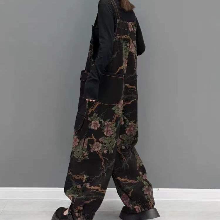 Autumn  new retro style loose large size age-reducing foreign style fashion print large pocket female one-piece overalls