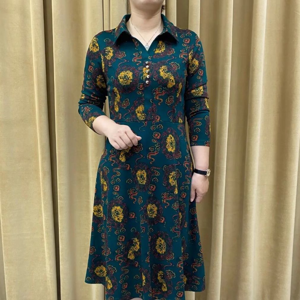 網紅高端長袖連衣裙女裝新款洋氣質中年媽媽時尚春秋季中長款裙子