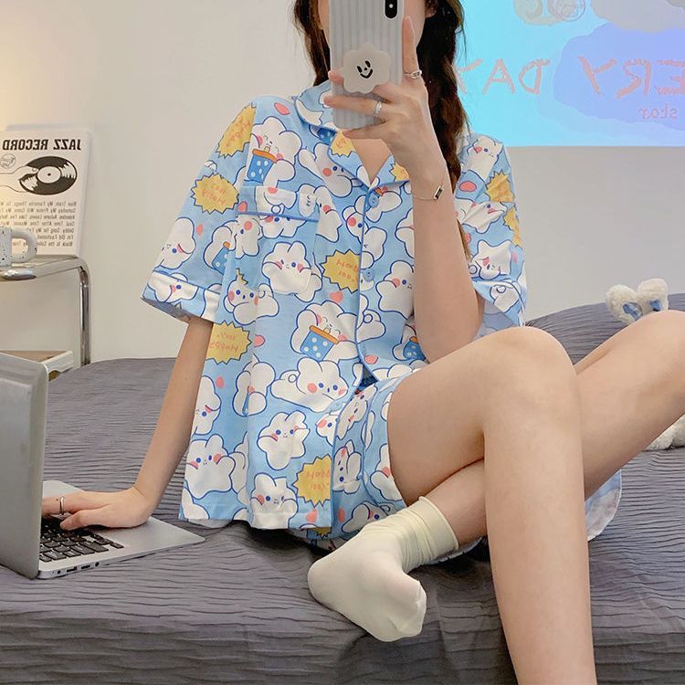 夏季睡衣女ins新款甜美可愛小白兔高顏值薄款短袖開衫家居服套裝
