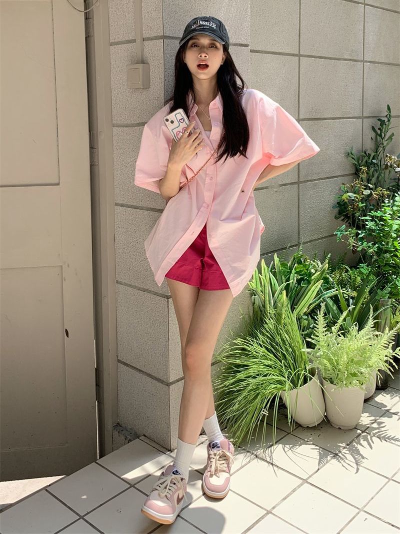 Korean style casual suit female pink polo collar shirt jacket female summer high waist thin wide leg shorts two-piece set