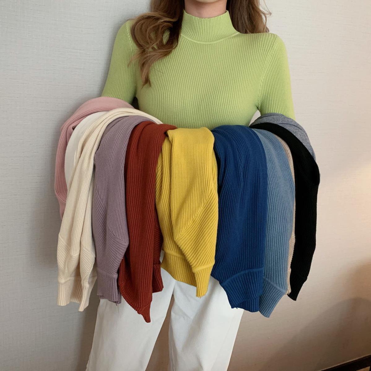 Autumn semi-turtle collar slim long-sleeved knitted bottoming 2024 new shirt women's black pullover sweater gentle top