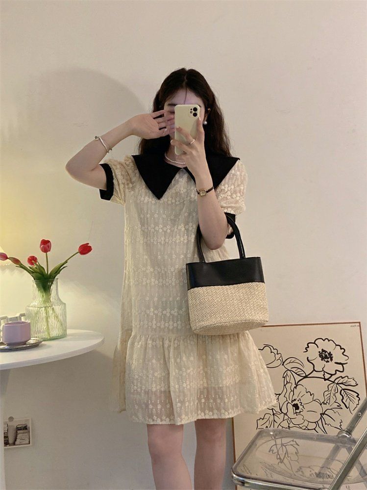 French-style doll collar dress women's summer can be salty and sweet temperament high-level sense of covering flesh and thin bubble short-sleeved skirt