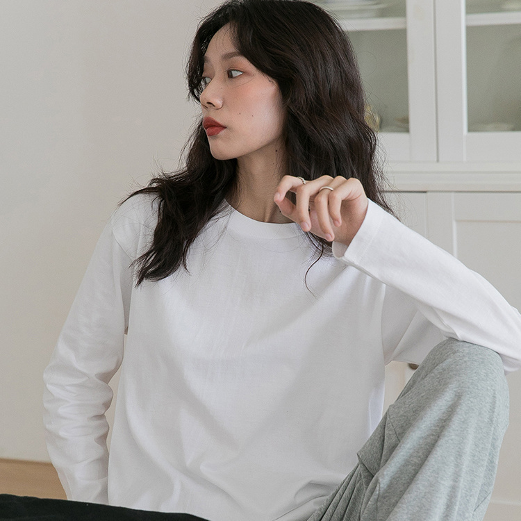 77049-2021宽松大码女款早春秋季韩版内百搭纯棉白色t圆领T恤长袖打底衫【9月28日发完】-详情图