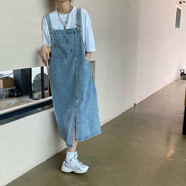 大碼胖mm復古不規則開叉牛仔背帶裙夏季女裝韓版寬鬆中長款連衣裙