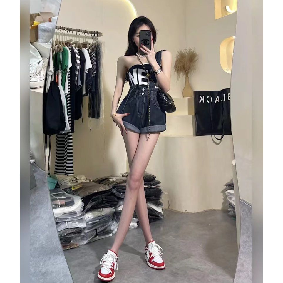 Fashion suit women's 2022 summer new slim Korean slim print suspender denim versatile shorts two piece set [to be delivered within 15 days]