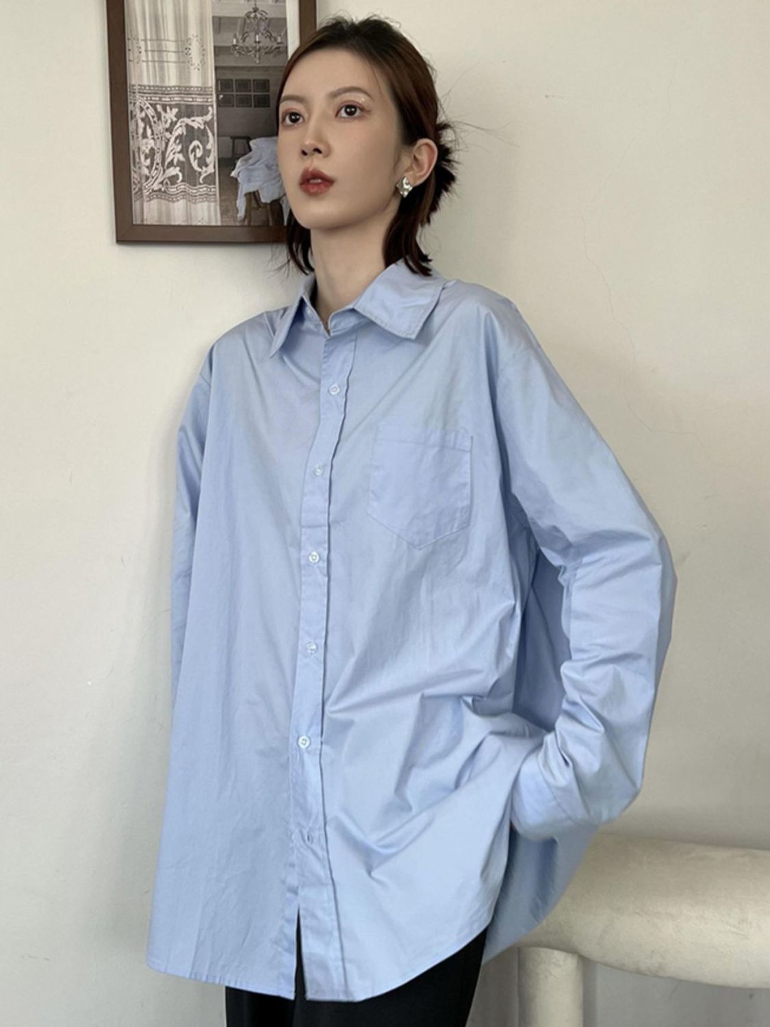秋季女裝港風高級淺藍色襯衫女長袖外穿寬鬆休閒百搭襯衣上衣洋氣