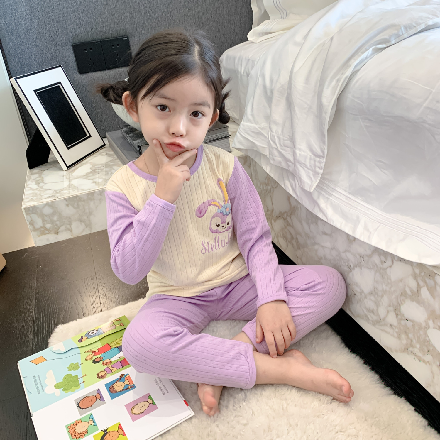 Boys and girls  spring and autumn new foreign style cartoon pure cotton breathable pajamas home service long-sleeved trousers suit