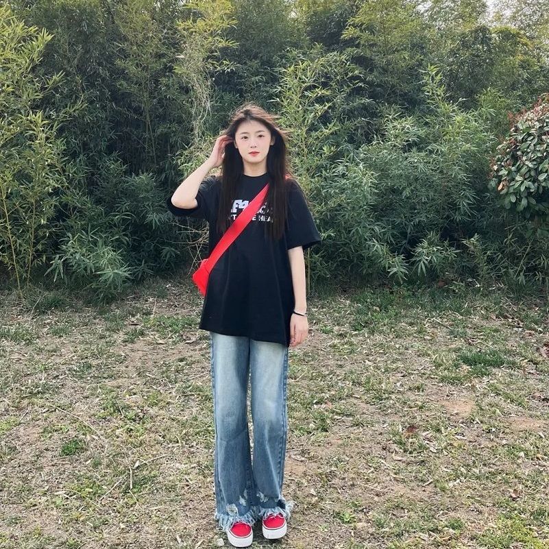 夏季美式復古毛邊破洞小眾設計感寬鬆闊腿拖地直筒牛仔褲女ins潮