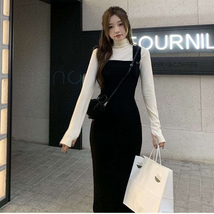 小個子背帶連衣裙女春秋季新款修身包臀吊帶魚尾長裙子兩件套裝