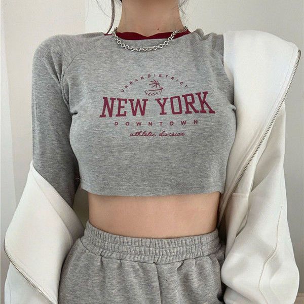 Ins European and American tight-fitting short chest t-shirt female spring and autumn students high waist exposed navel long-sleeved inner bottoming shirt top winter