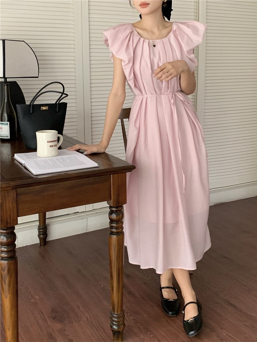 French lazy pink dress women's summer  new tie-up high waist thin skirt a-line mid-length skirt