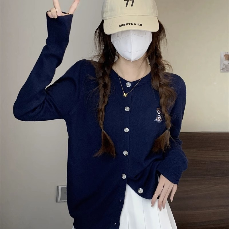 秋季韓版刺繡印花針織衫女裝修身小個子百搭寬鬆外套圓領開衫上衣