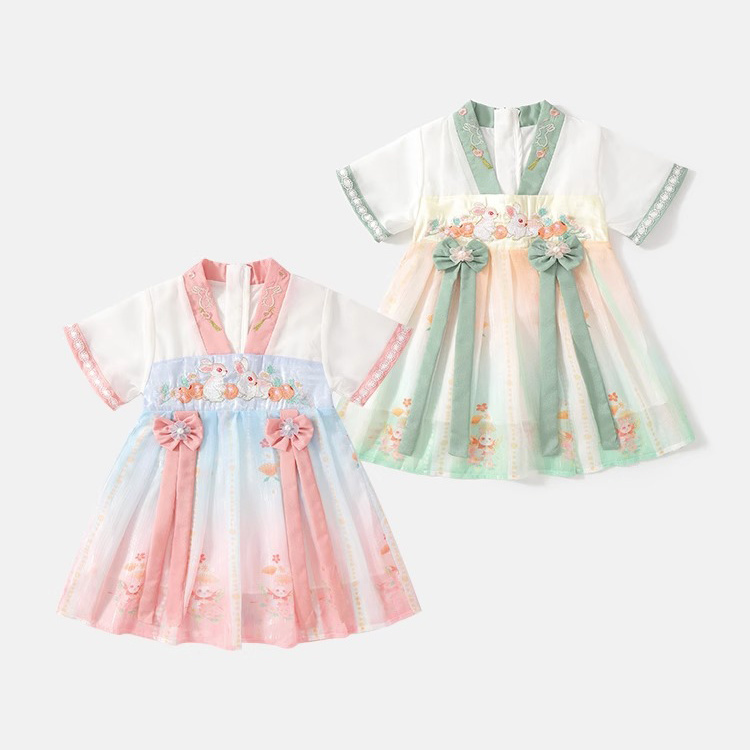 漢服女童連衣裙夏裝小女孩公主裙寶寶周歲禮服兒童裙子夏季中國風