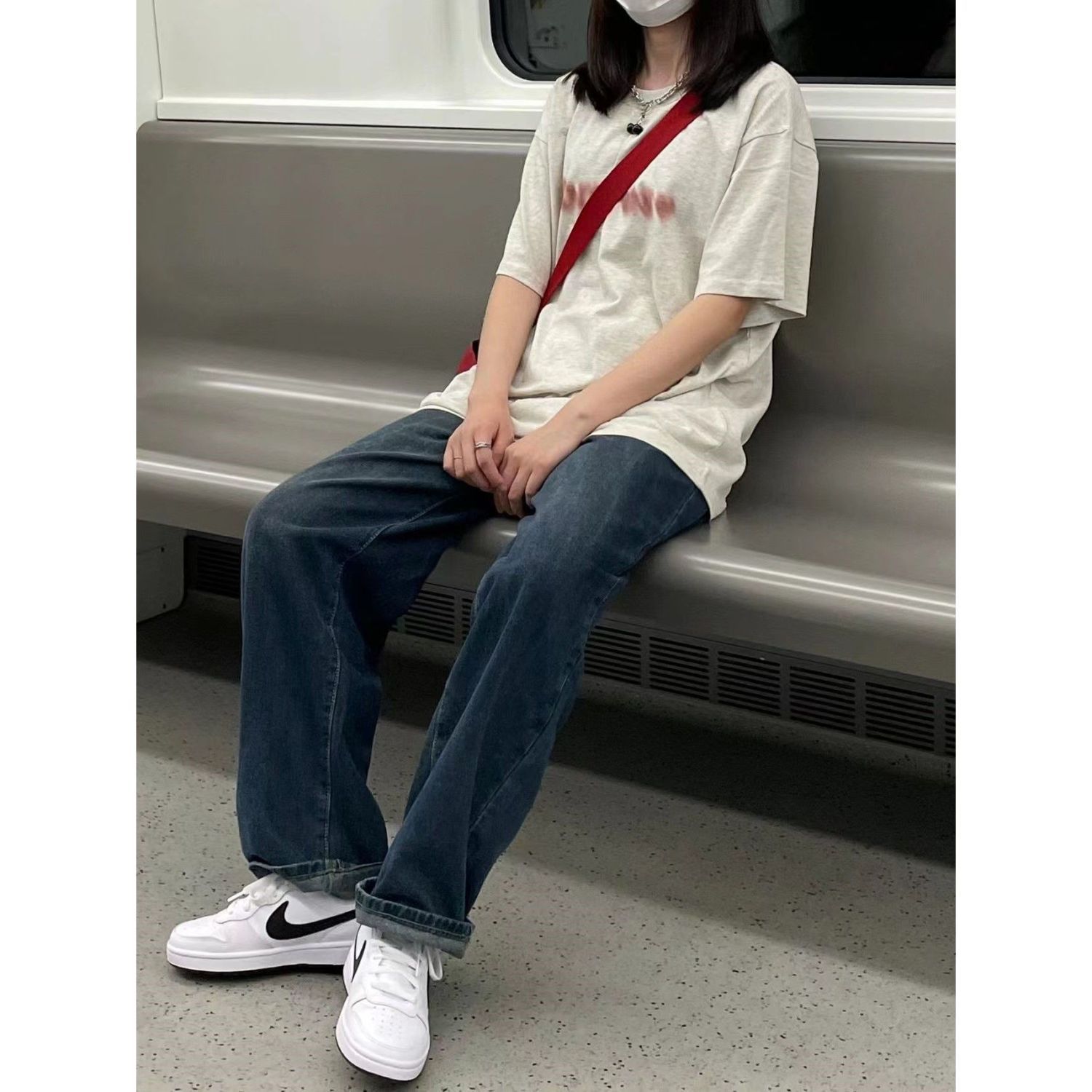 復古藍牛仔褲女小個子夏季新款ins寬鬆顯瘦高腰闊腿直筒長褲子潮