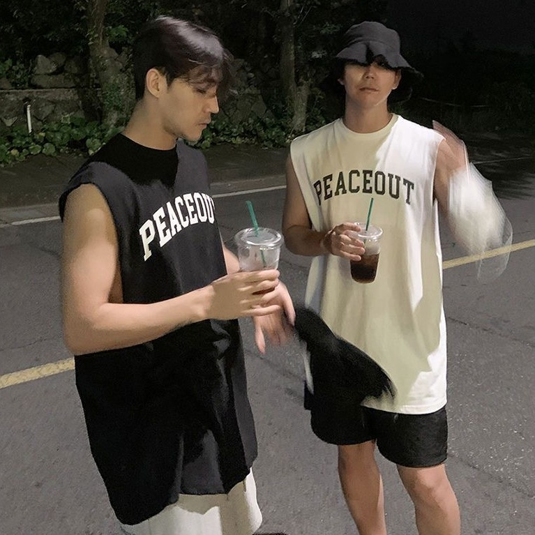 重磅純棉背心男夏季寬鬆復古字母印花無袖上衣潮流運動坎肩t恤潮