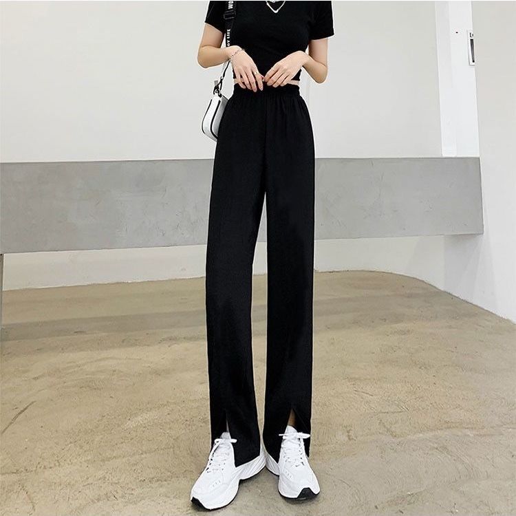 Spring and summer new style Korean style high-waist slimming slit straight floor-length casual trousers for female students