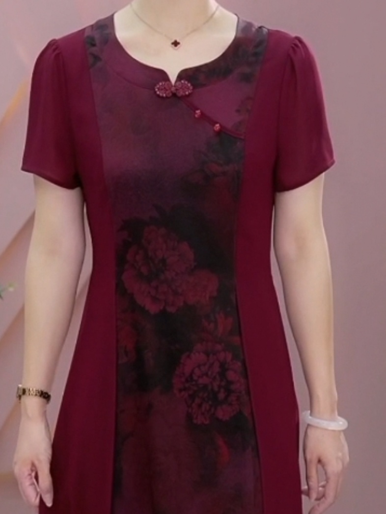 High-end satin cheongsam dress 2023 summer style elegant and extravagant mother skirt loose and thin over the knee long skirt for women