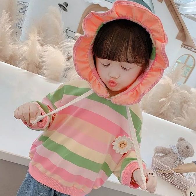 Girls rainbow sweater girl baby autumn and winter clothes 2022 new small and medium children's foreign style hooded Korean version of the clothes trend