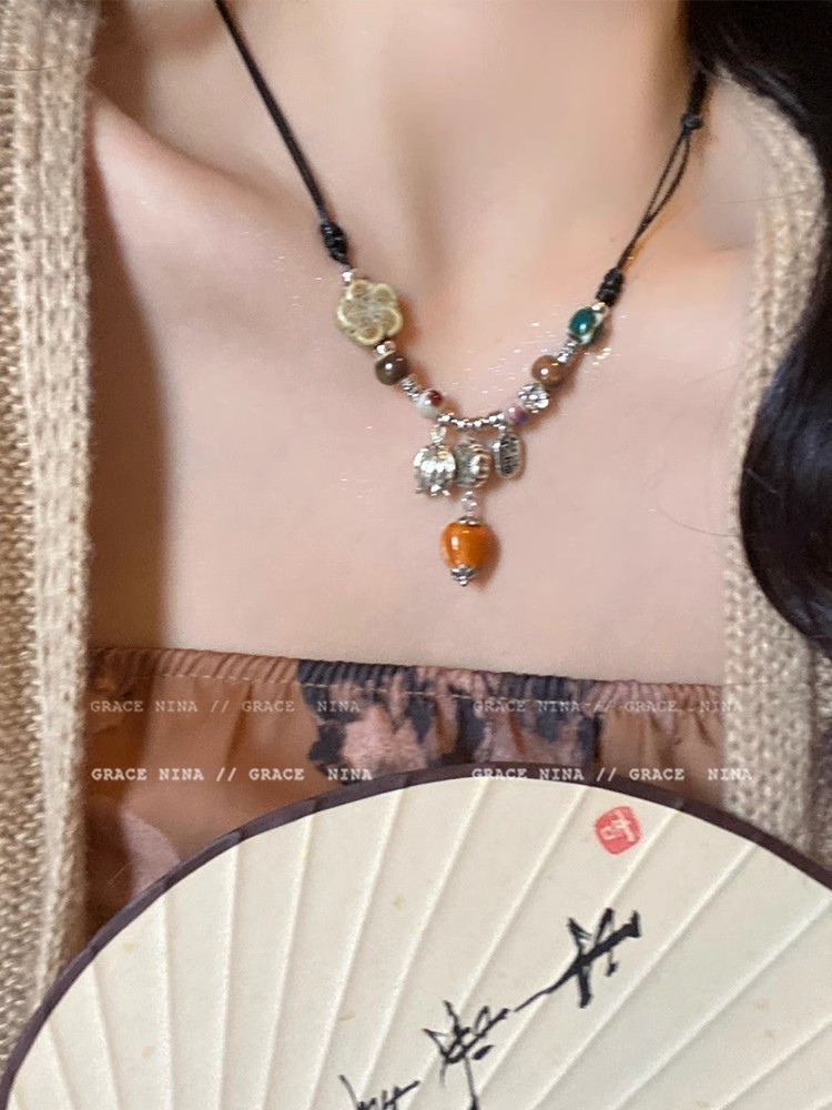 柿柿如意! 新中式陶瓷串珠項鍊女小眾設計民族風鎖骨鏈2023新款潮