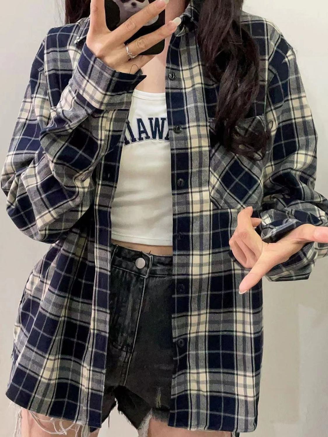 春季新款藏青色格子襯衫外套女日系小眾設計情侶襯衣ins學生上衣