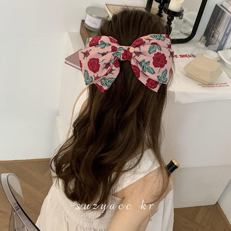 Rose print bow hairpin French retro spring clip back head plate hairpin headdress forest floral hair accessory