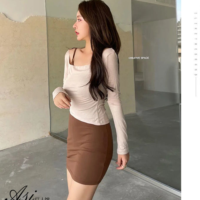 2021 autumn new square collar strapless irregular t-shirt slim fit top + suspender skirt two-piece dress